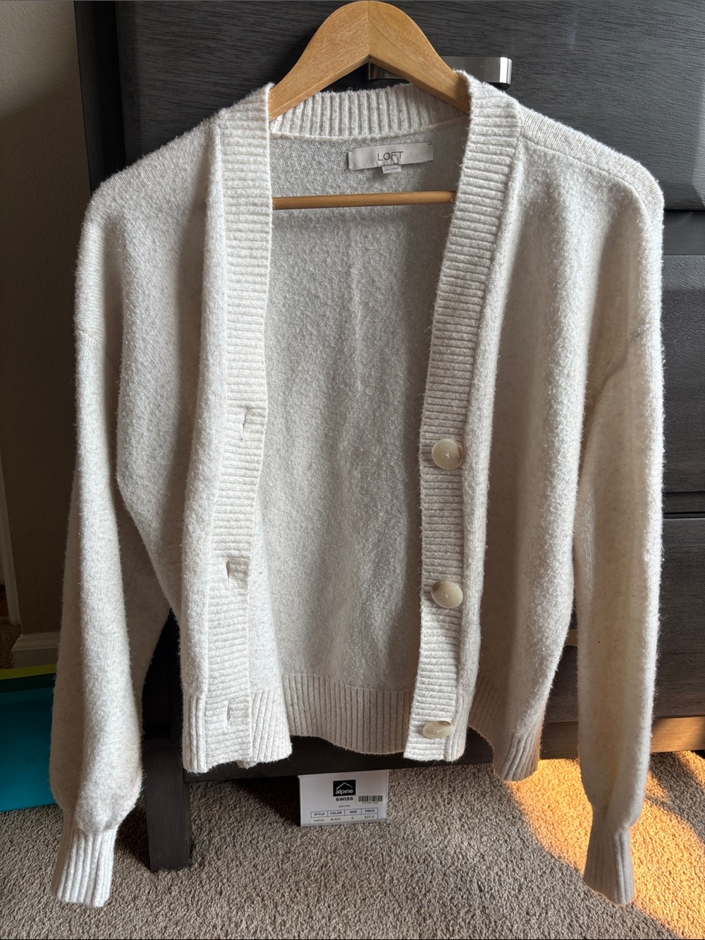 LOFT Cream Button-Front Ribbed Trim Cardigan
